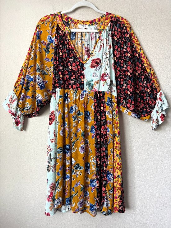 Umgee Dresses & Skirts - Umgee Boho Floral Mixed Print Split Neck Babydoll Peasant Mini Dress